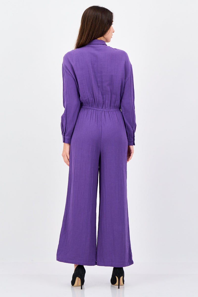 promod Women Plain Long Sleeve Jumpsuits, Purple - Image 4
